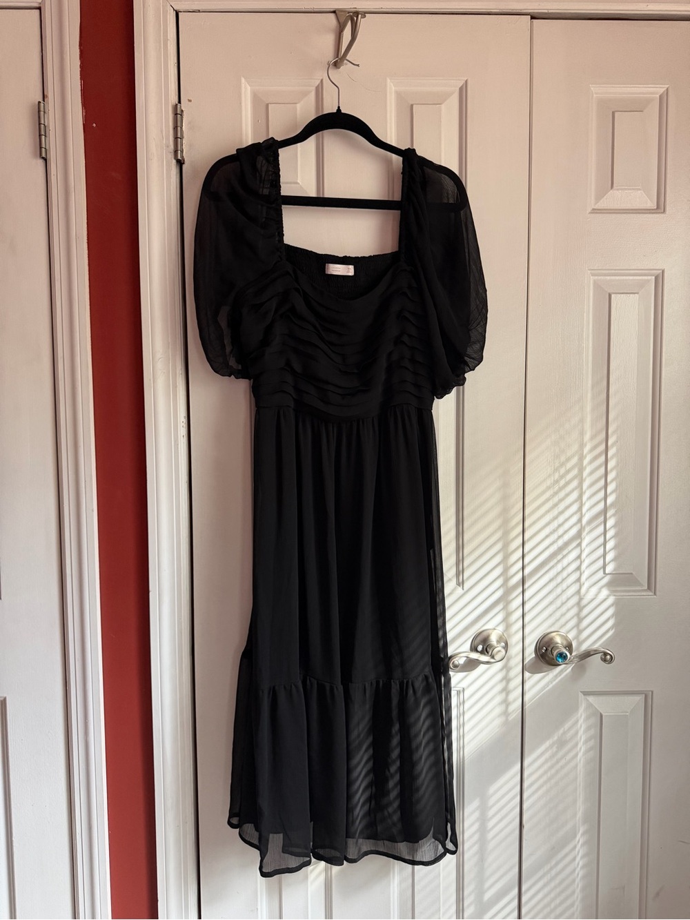 LC Lauren Conrad Black Midi Dress with Sheer Puff Sleeves